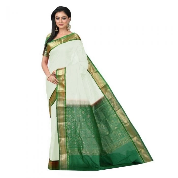 White and Green Traditional Kanchipuram Pure Silk Saree