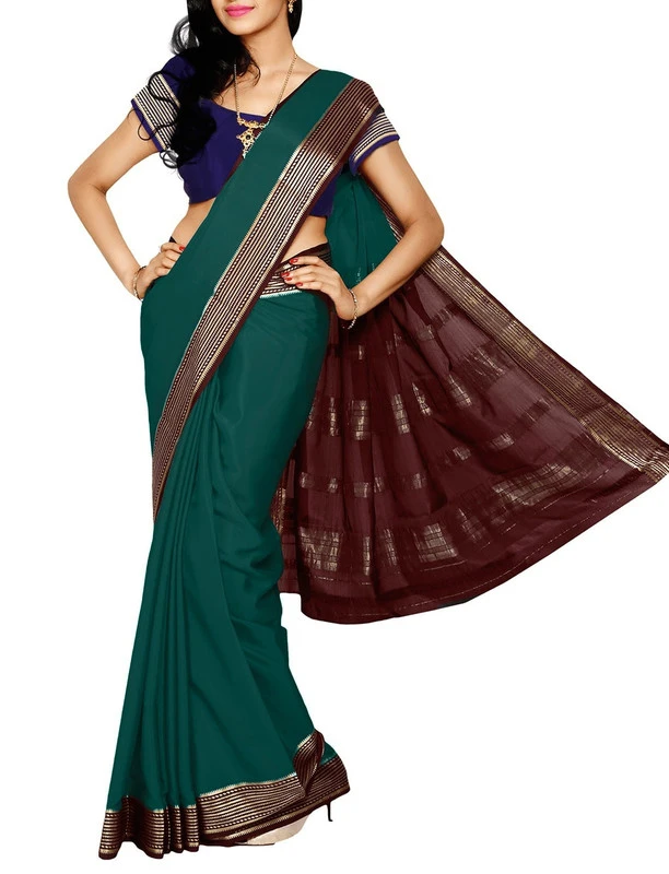 Bottle Green with Brown Contrast MultiLine Border Premium Quality Pure Mysore Silk Saree