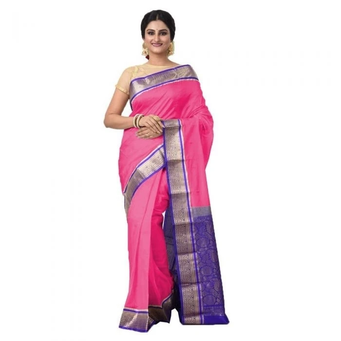 Baby Pink and Violet Contrast Traditional Kanchipuram Pure Silk Saree 