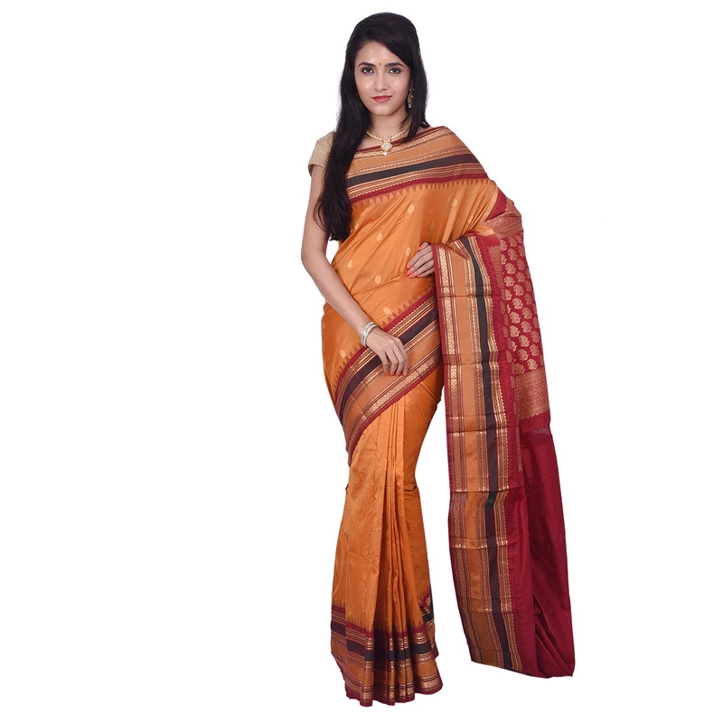 Mustard Orange with MultiColour Border Kadiyal Variety Pure Bangalore Silk Superior Quality Saree