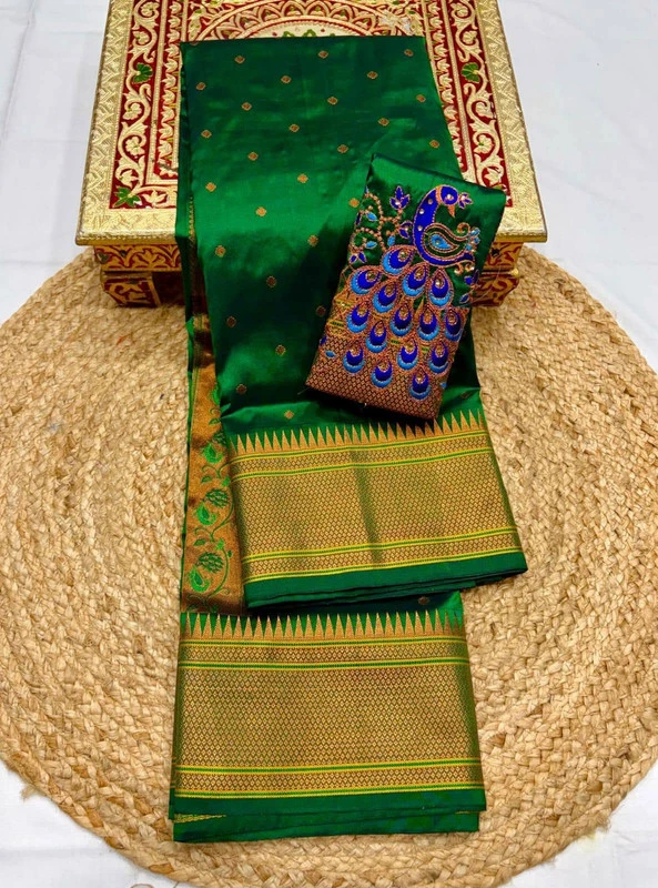 Premium Dark Green Semi Silk Paithani Saree with Peacock Embroidery Blouse