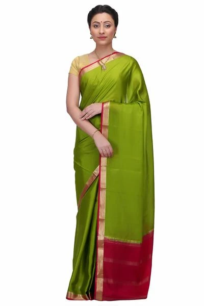 Parrot Green with  Rani Pink Contrast Pure Mysore Silk Handwoven saree