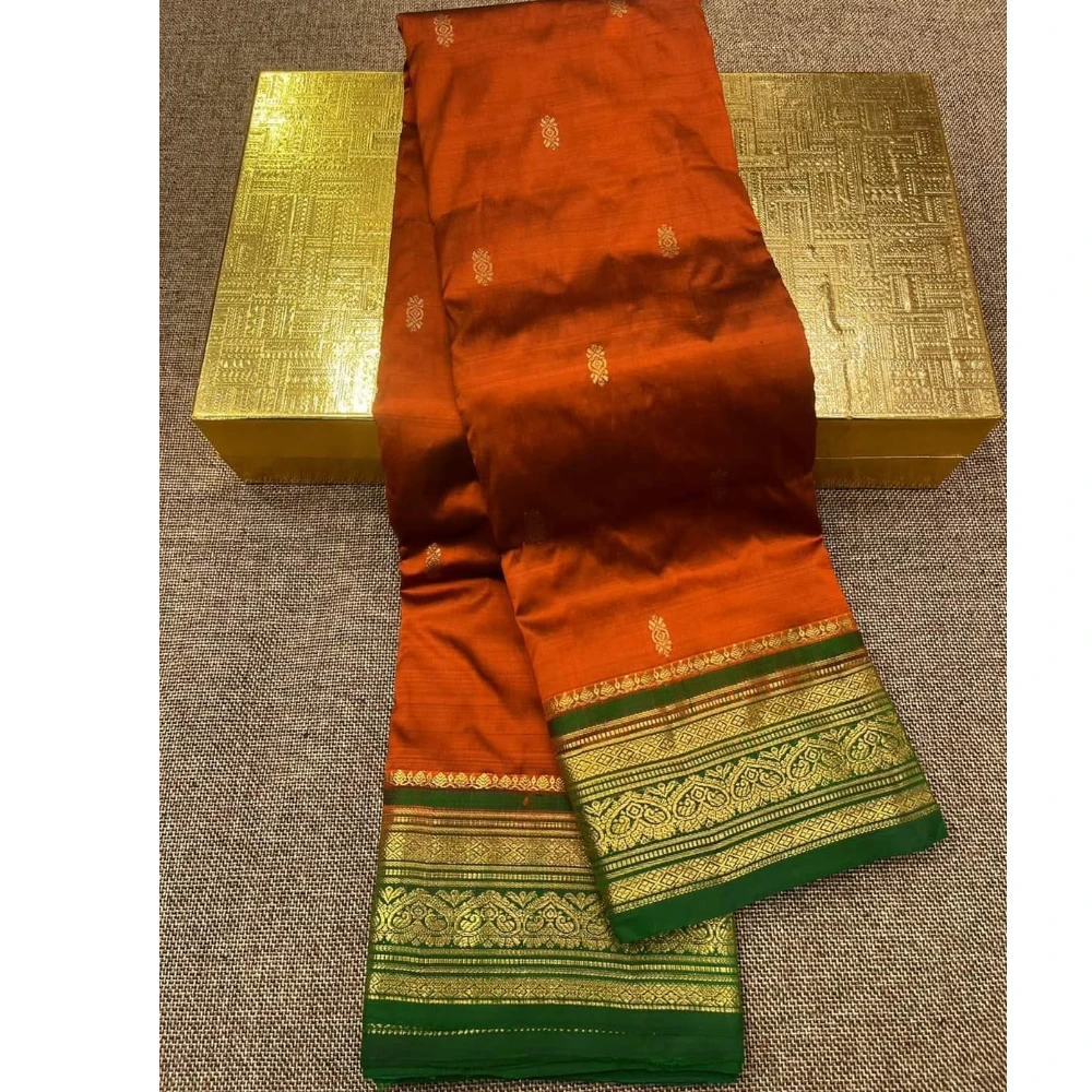 Kanchipuram Pure Silk Saree with Metalic Orange with Green