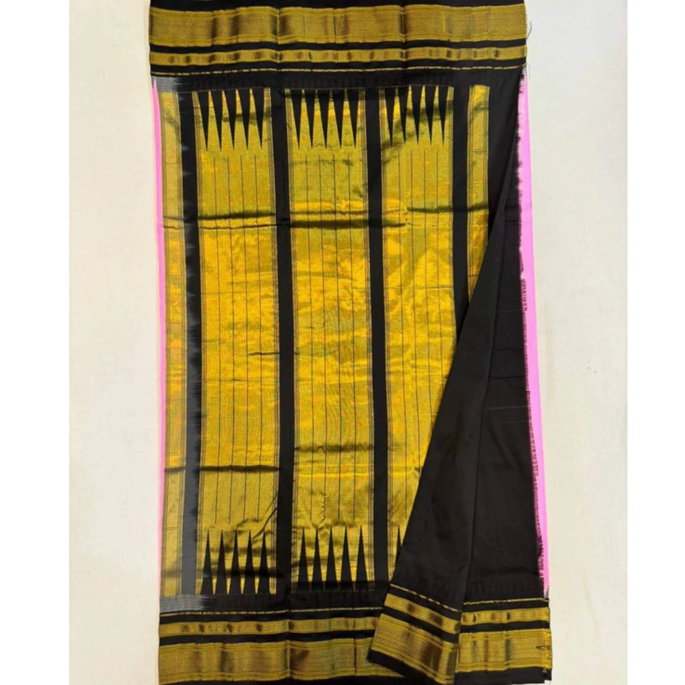 Mint Green Ilkaal plain pure saree with Black zari border and traditional woven design