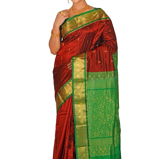 Marron and Green Contrast Traditional Kanchipuram Pure Silk Saree