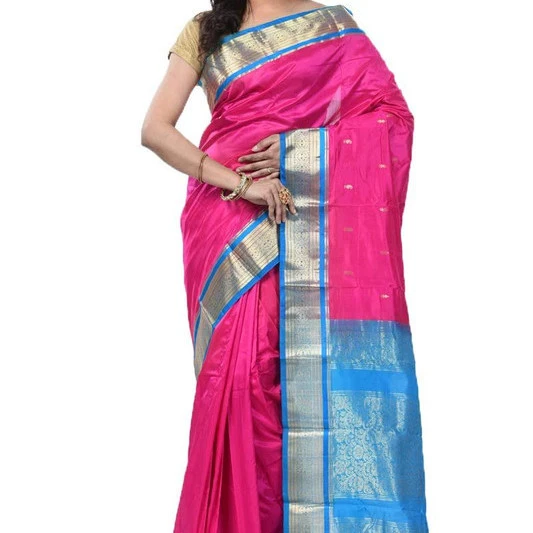 Ananda Blue and Rani Pink Contrast Traditional Kanchipuram Pure Silk Saree