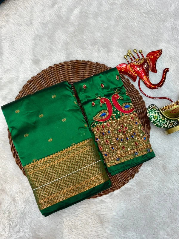 Heritage Self Bottle Green Semi Silk Paithani Saree with Peacock Embroidery Designer Blouse