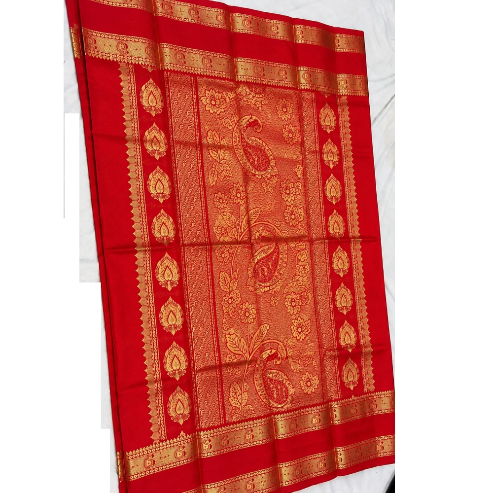 Off white  Kanchipuram silk saree with gold and red Bentex border, paisley details.
