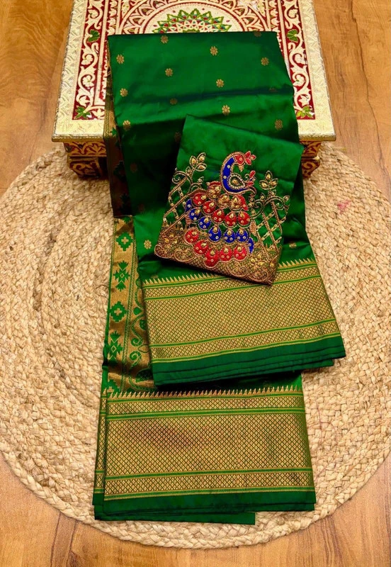 Royal Bottle Green Semi Silk Paithani Saree with Peacock Embroidery Designer Blouse