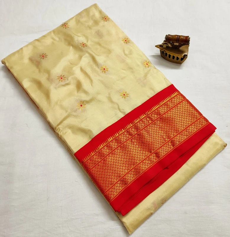 Cream Pure Silk Paithani Saree featuring luxurious silk fabric, rich zari woven borders, elegant traditional motifs