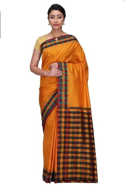 Golden Yellow with Multi Colour Checks Handowen Pure Bangalore Silk Saree