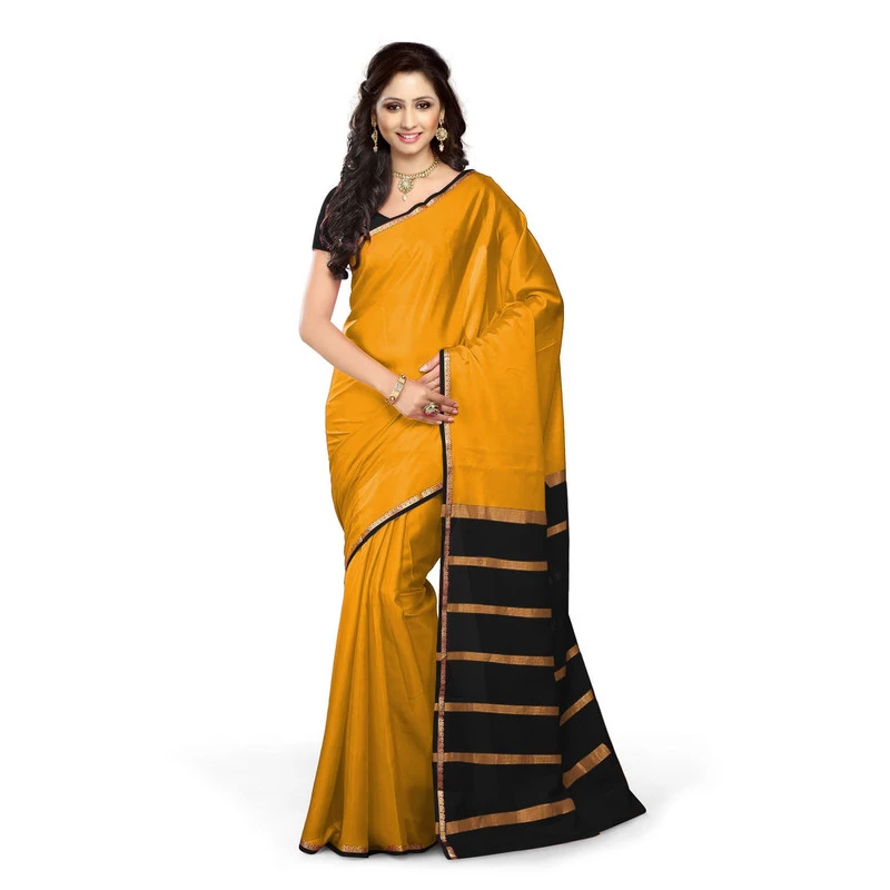 Pure Mysore Silk Saree in  Orange and Black Contrast Mango Border