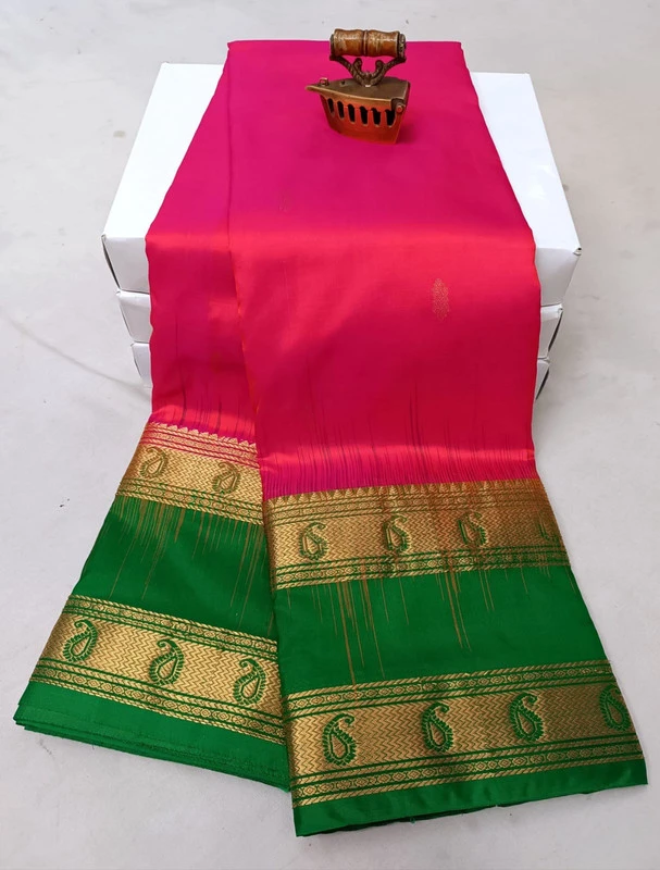 Pink and Green Kanchipuram silk saree with Bentex border and golden motifs