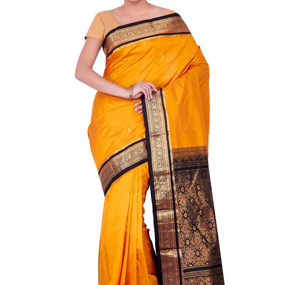 Golden Orange with Black Contrast Traditional Kanchipuram Pure Silk Saree