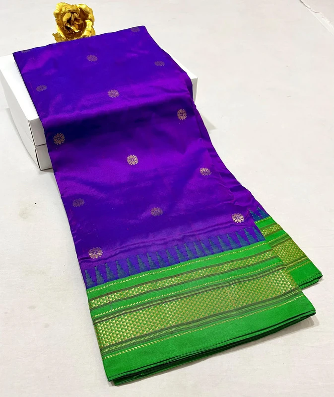 Royal Purple pure Ilkaal Butta saree with Green zari contrast border and traditional gold motifs