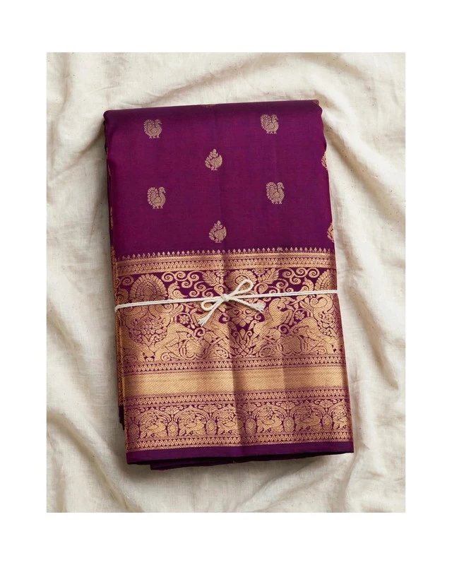 Lavender Purple with Traditional Border Kanchipuram Pure Silk Handloom Saree Silk Mark with Blouse - FabFashionz