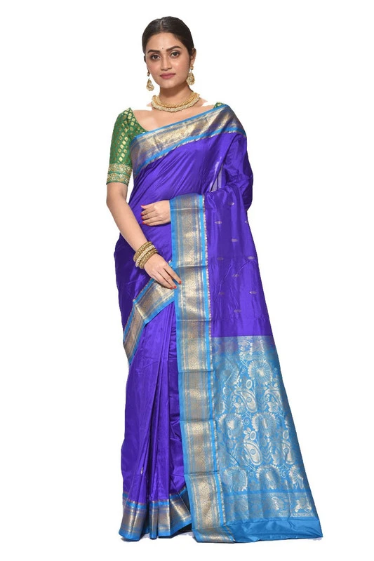 Nine Yards Kanchipuram Pure Silk Saree in Royal Blue with Anandha  Blue  Contrast