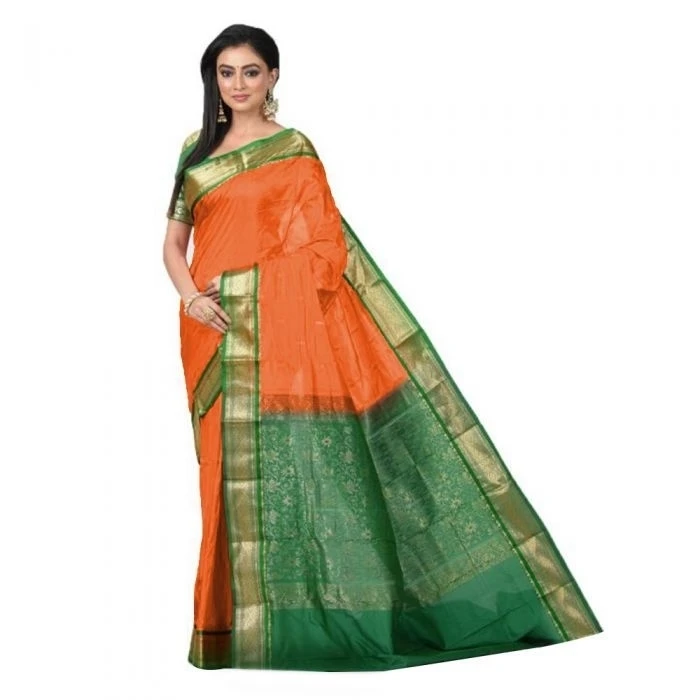 Orange and Green Traditional Kanchipuram Pure Silk Saree