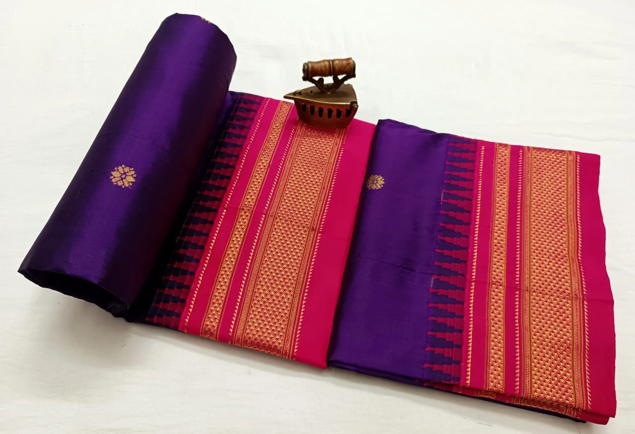 Purple Ilkaal Butta pure silk saree with zari border and traditional woven patterns