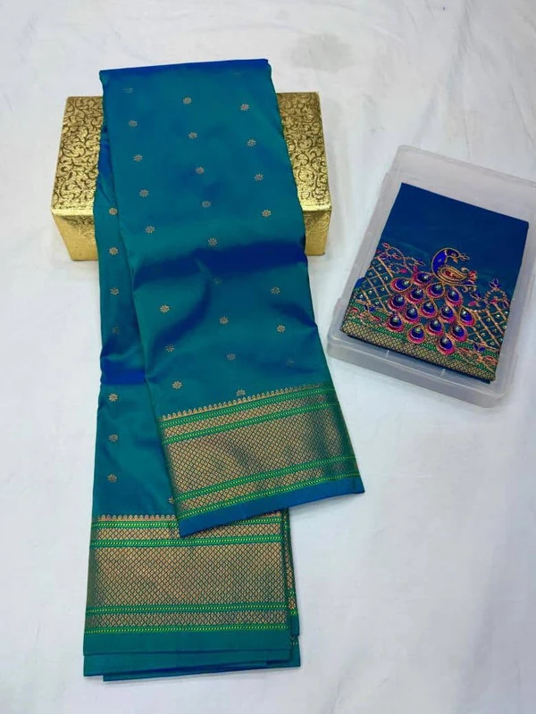 Premium Aqua Blue Semi Silk Paithani Saree with Peacock Embroidery Blouse