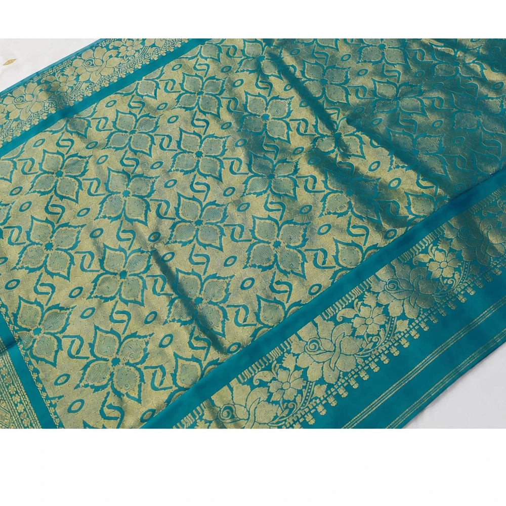 Lime Green & Blue Kanchipuram Pure Silk Saree with Blouse