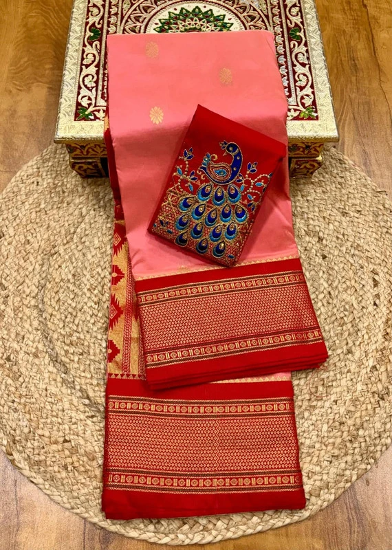 Heritage Mustard Orange and Rani Semi Silk Paithani Saree with Peacock Embroidery Designer Blouse