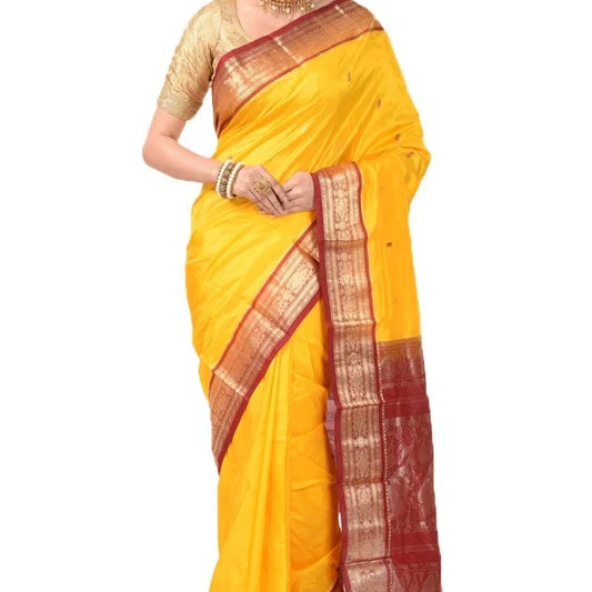 Golden Yellow and Marron Contrast Traditional Kanchipuram Pure Silk Saree