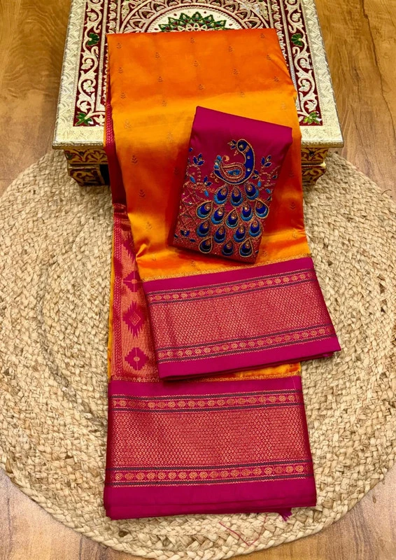 Mustard Orange Semi Silk Paithani Saree with Peacock Embroidery Designer Blouse