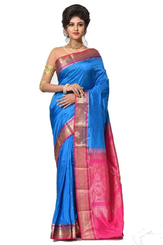 Nine Yards Kanchipuram Pure Silk Saree in Anandha Blue with Rani Contrast