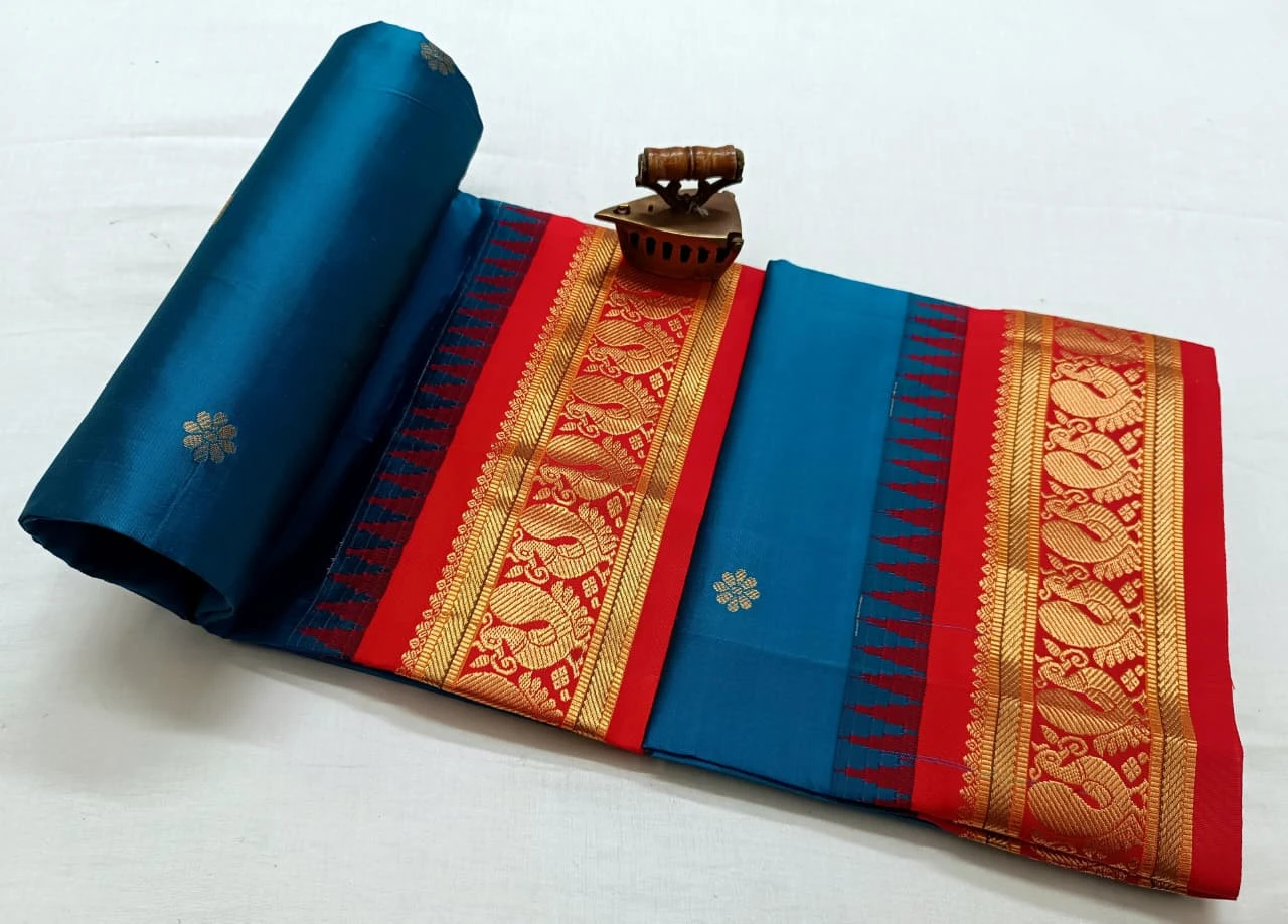 Beige Blue with Red Contrast traditional silk saree with zari border for festive and wedding occasions