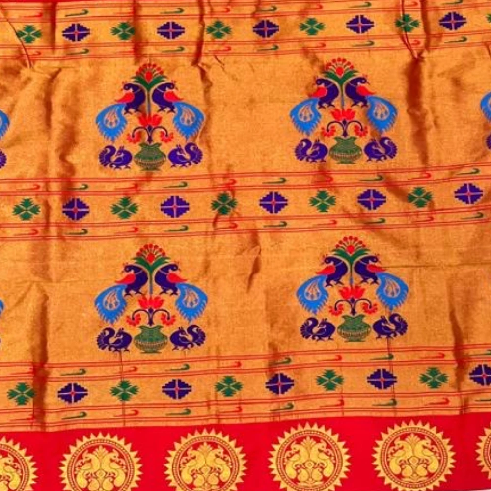 Orange and Green Semi Silk Paithani Saree with Peacock Embroidery Designer Blouse