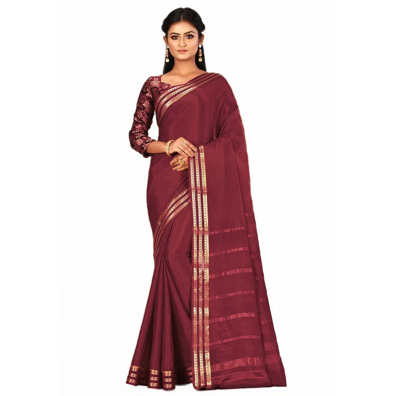 Marron Self Coloured Three Lines Border Pure Mysore Silk Saree with silk Mark