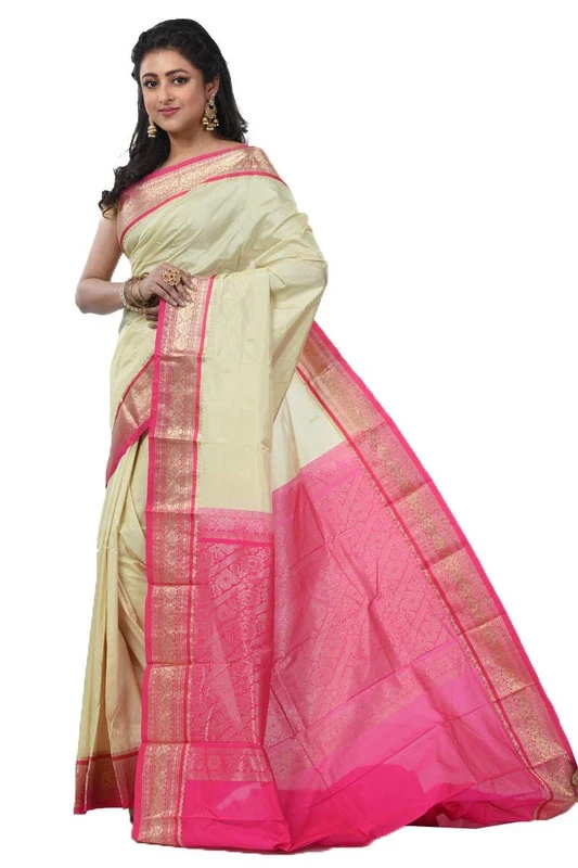 Kanchipuram Pure Silk Saree in Cream with Pink Contrast for Durga Pooja