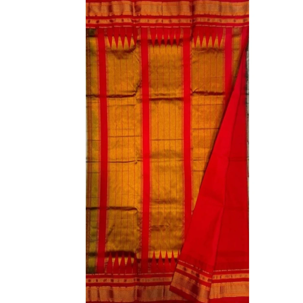 Peacock Blue pure Ilkaal Butta saree with Pink zari contrast border and traditional gold motifs