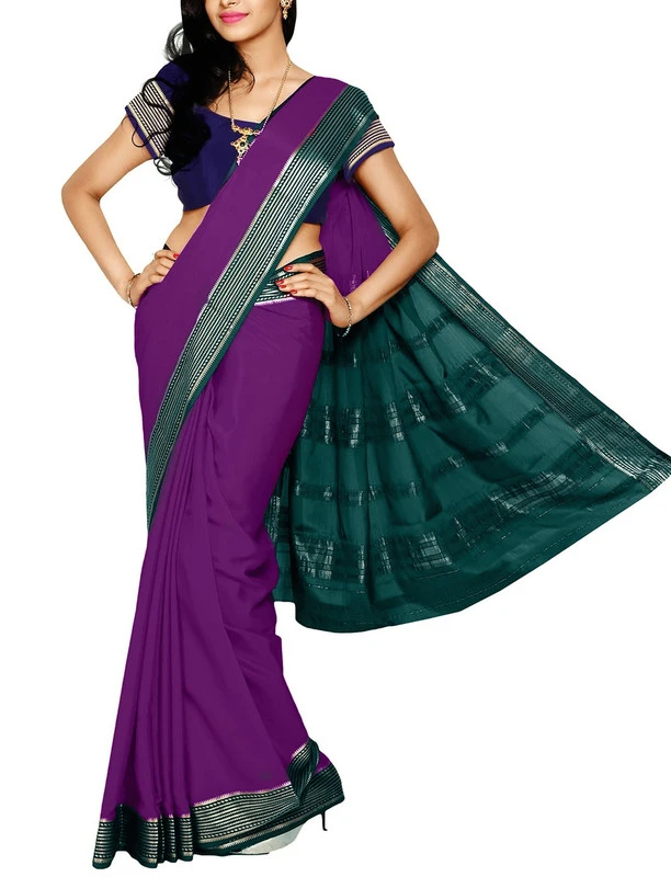 Purple with Green Contrast MultiLine Border Premium Quality Pure Mysore Silk Saree