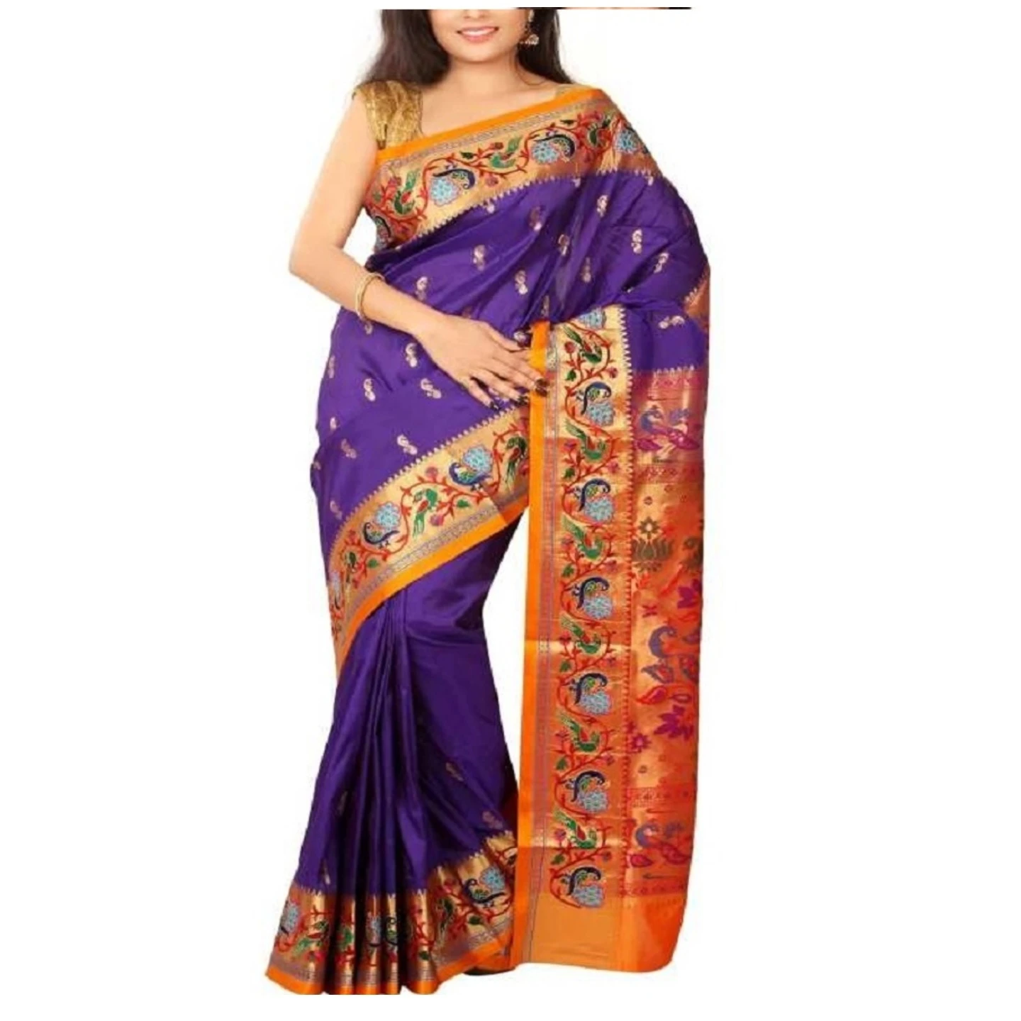 Blue and Orange Embroidery Border Paithani Art Silk Saree