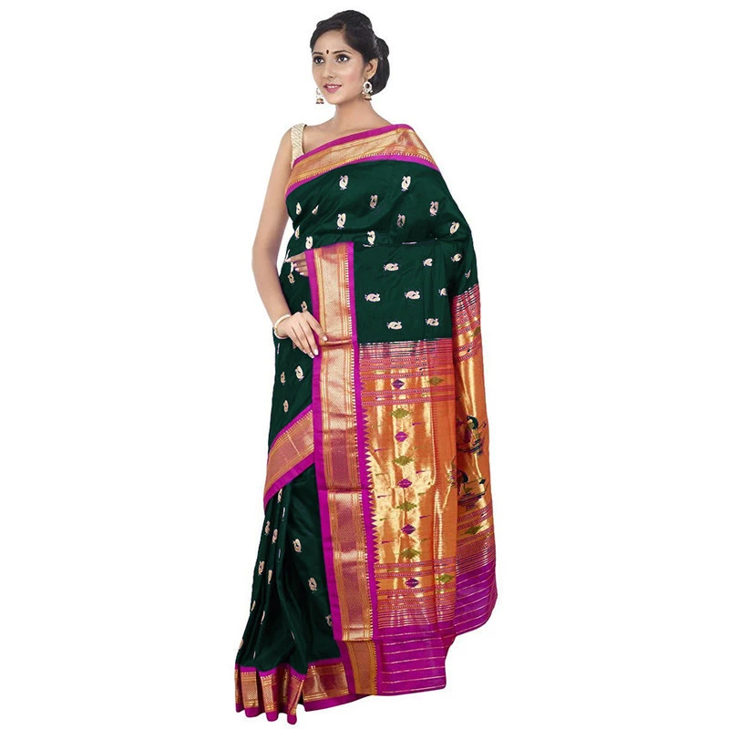 Paithani Pure Silk Bottle Green and Magenta Border Meena Butta Saree with Silk Mark