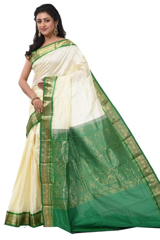 Kanchipuram Pure Silk Saree in White with Green Contrast for Durga Pooja