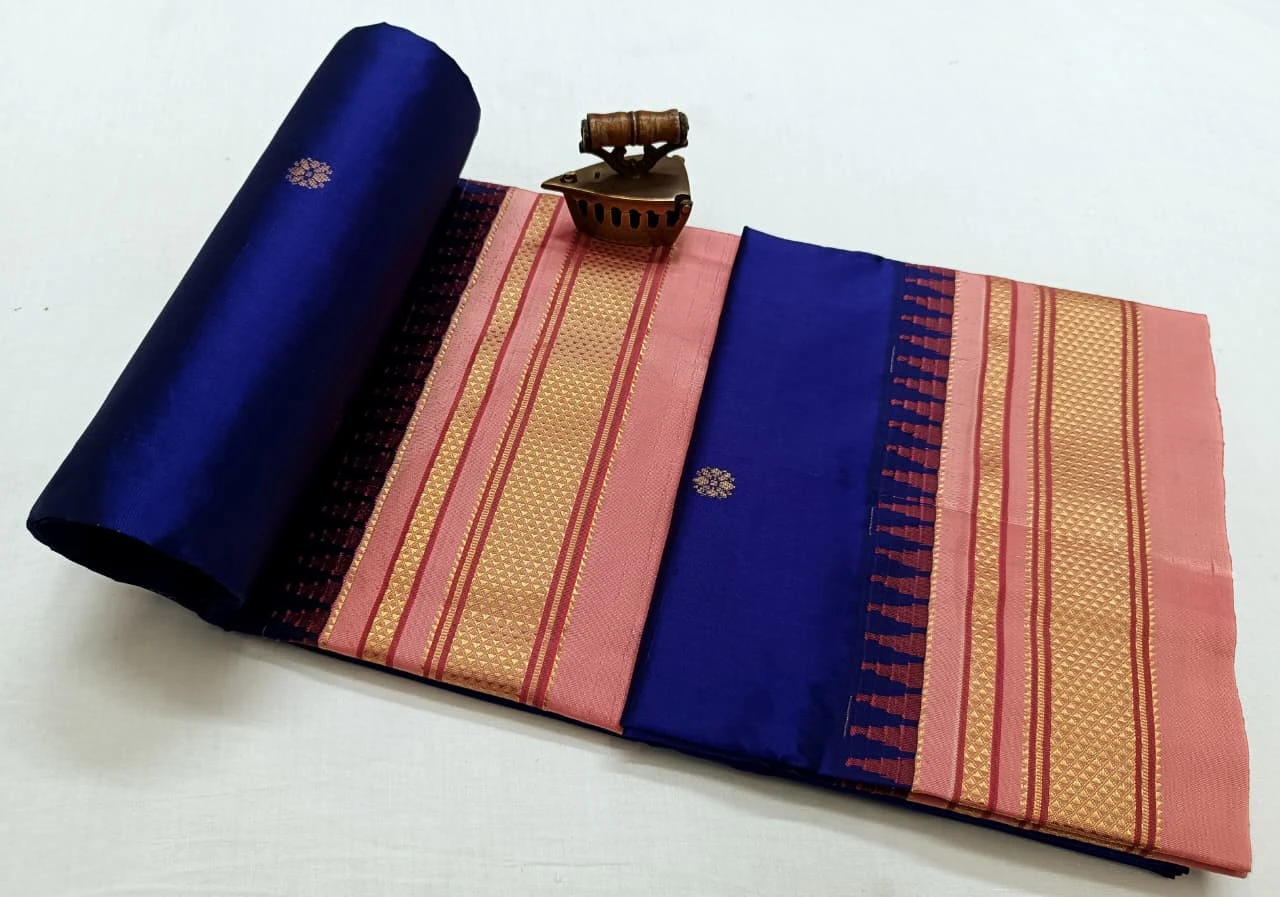 Purple Blue Ilkaal Butta pure silk saree with zari border and traditional weaving