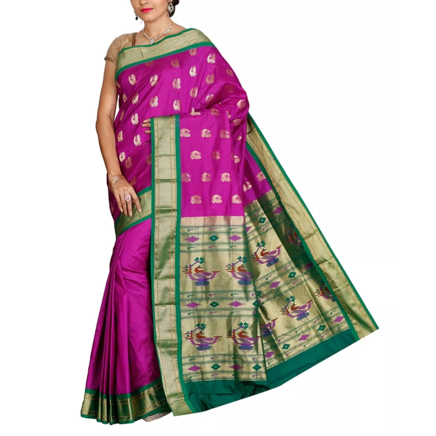 Paithani Pure Silk in Rani Pink with Green Contrast Border Meena Butta Saree with Silk Mark