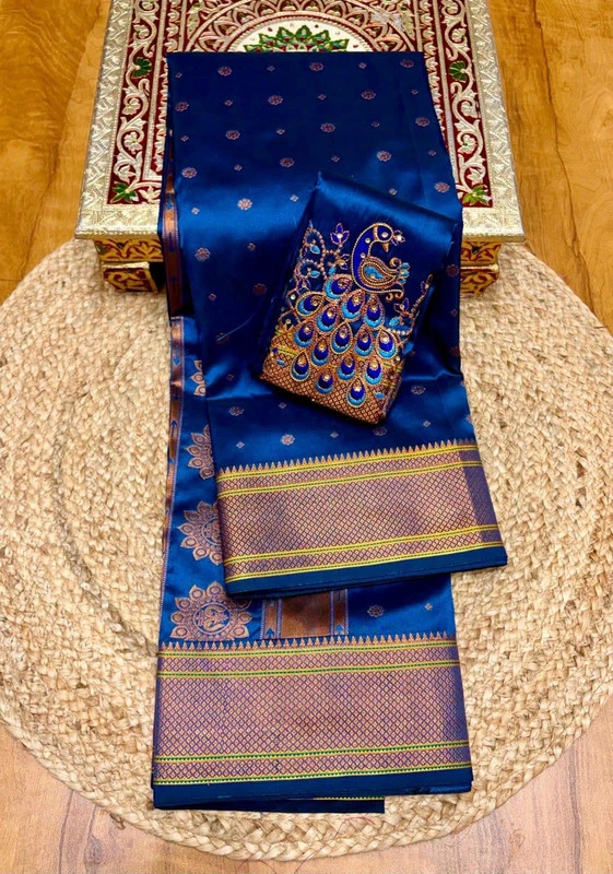 Royal Blue Self Semi Silk Paithani Saree with Peacock Embroidery Designer Blouse