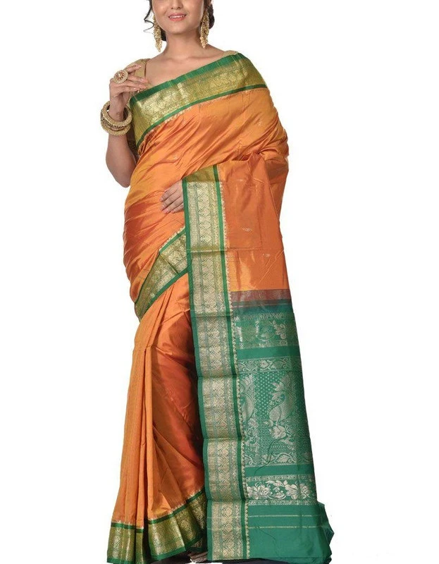 Traditional Kanchipuram Pure Silk Saree in Orange with Green Contrast 