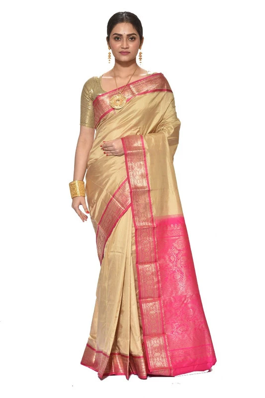 Traditional Kanchipuram Pure Silk Saree in Chikku with Rani Pink Contrast 