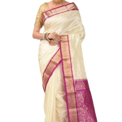 Milk White and Magenta Contrast Traditional Sarees for Arangetram in Kanjeevaram Silk