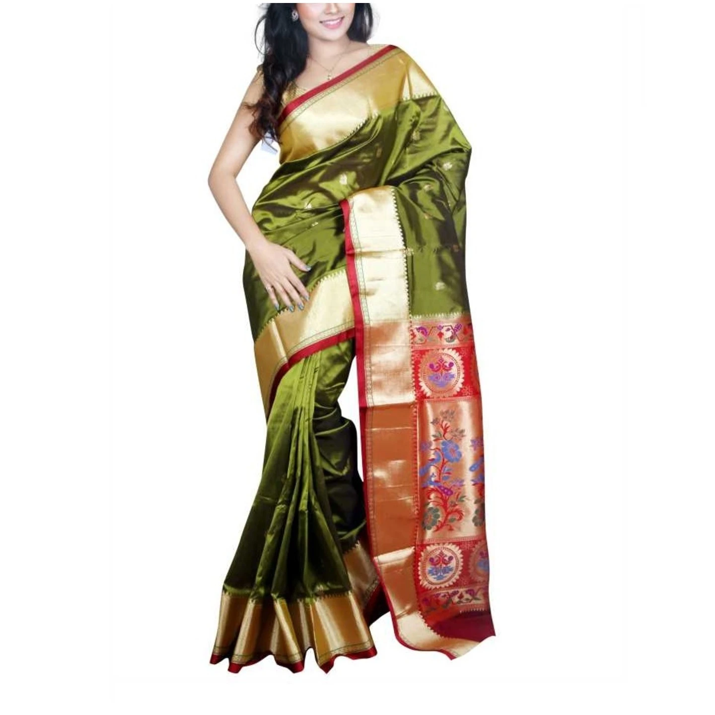 Mehndi Green and Marron Border Woven Paithani Art Silk Saree