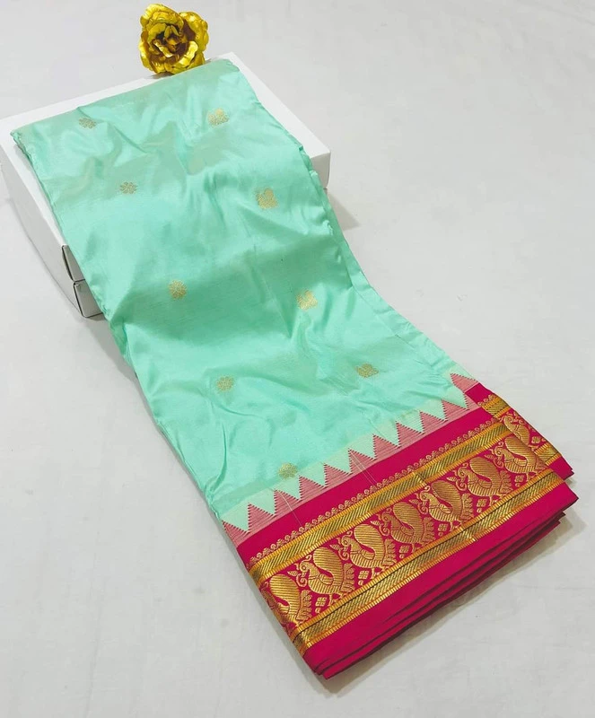 Peach Green Gadwal Paithani Silk Pure Silk Saree with Rich Contrast Rani Border