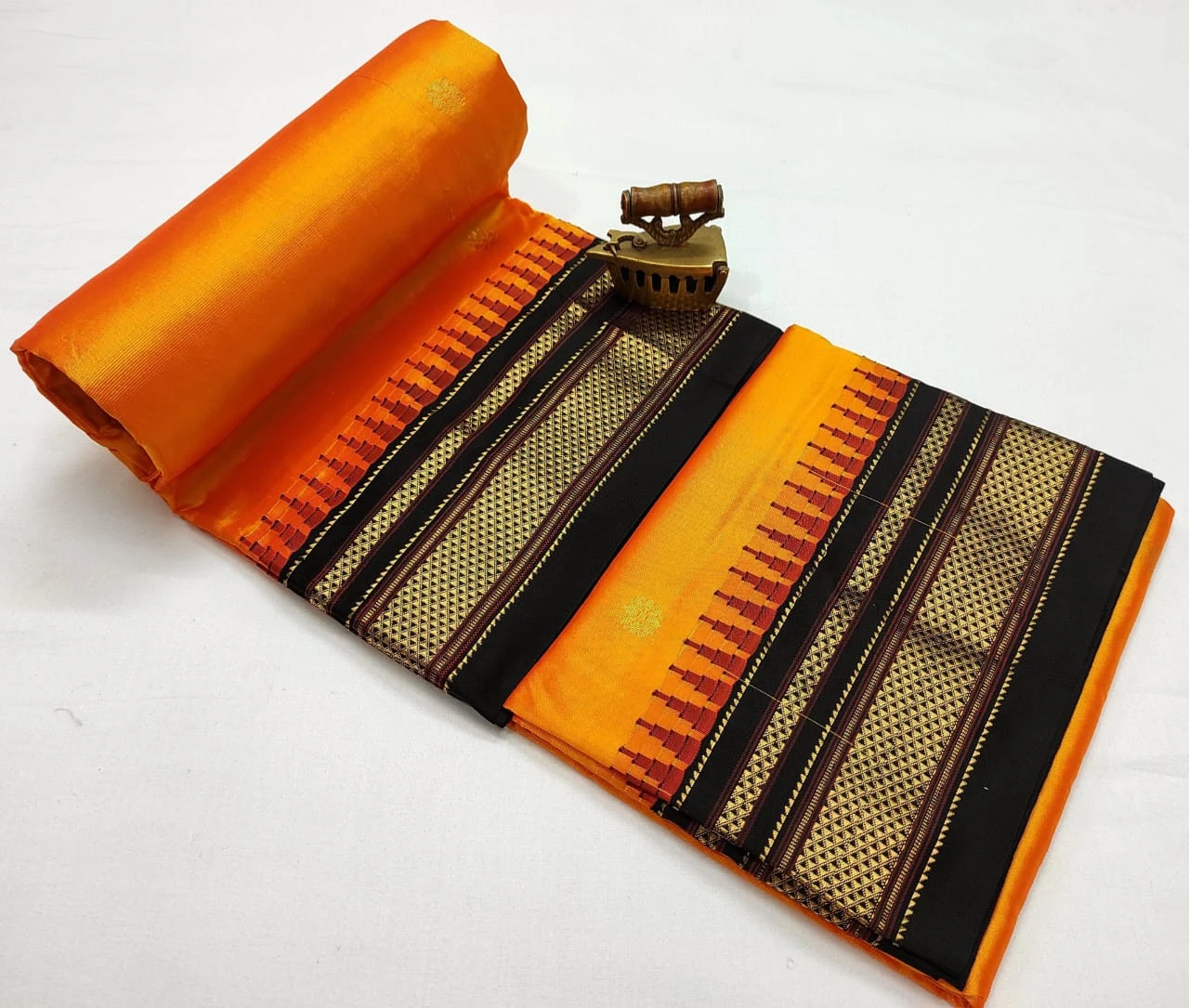 Orange Ilkaal Butta pure silk saree with zari border and traditional woven patterns