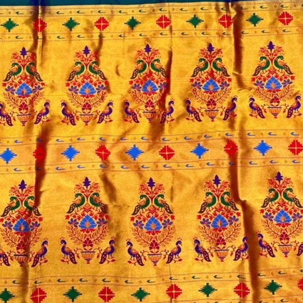Magenta and Ananda Blue Semi Silk Paithani Saree with Peacock Embroidery Designer Blouse