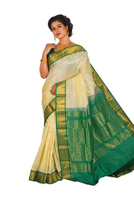 Kanchipuram Pure Silk Saree in Cream with Green Contrast for Durga Pooja