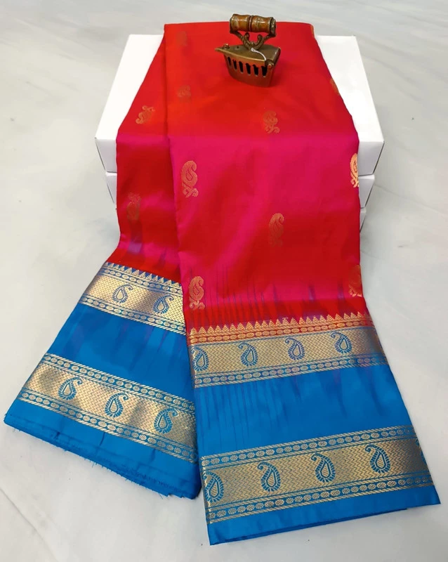 Pink and Blue Kanchipuram silk saree with Bentex border and golden motifs